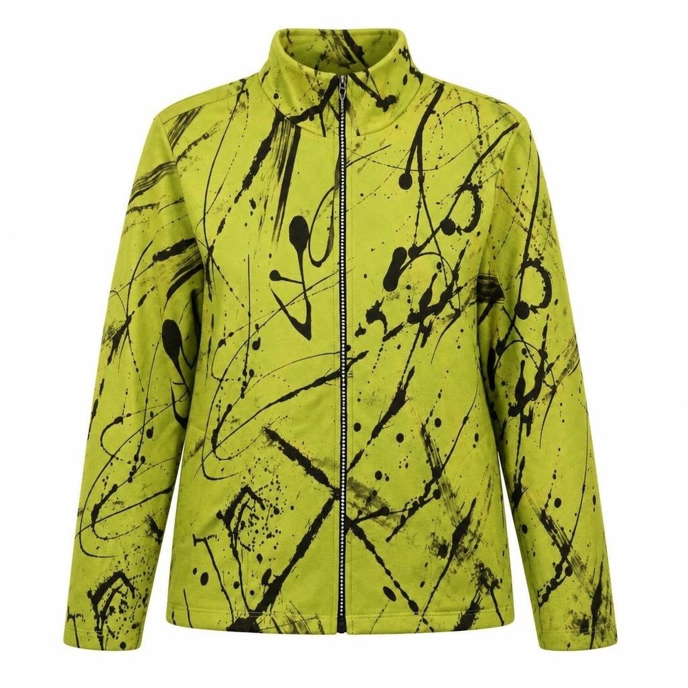 Jess Jane Jacket Womens M Green Velour Abstract Rhinestone Zip Art To Wear Artsy